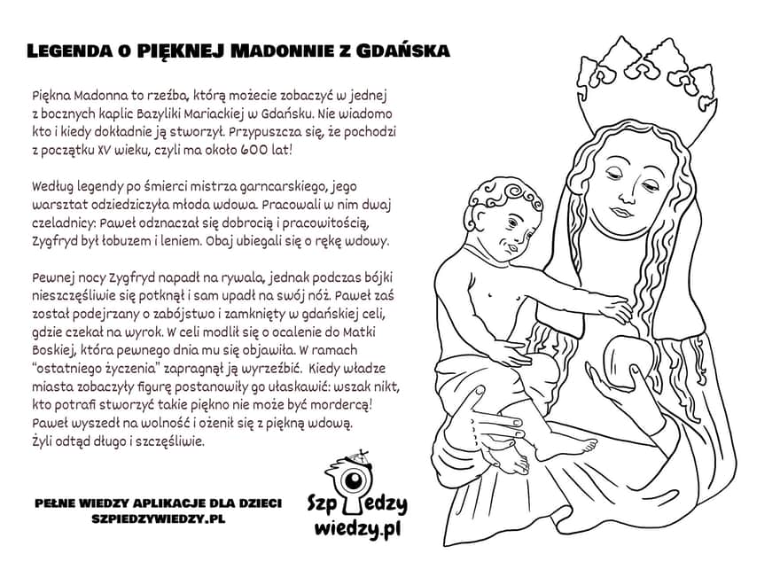 Kolorowanka legenda o pięknej Madonnie z Bazyliki Mariackiej w Gdańsku - pdf do wydruku