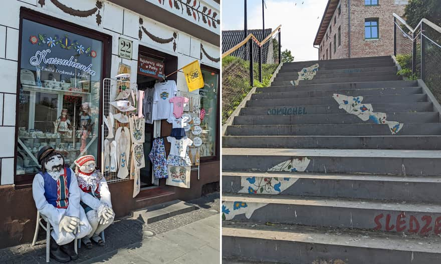 Kashubian shop and Kashubian fish on the stairs near the port in Puck