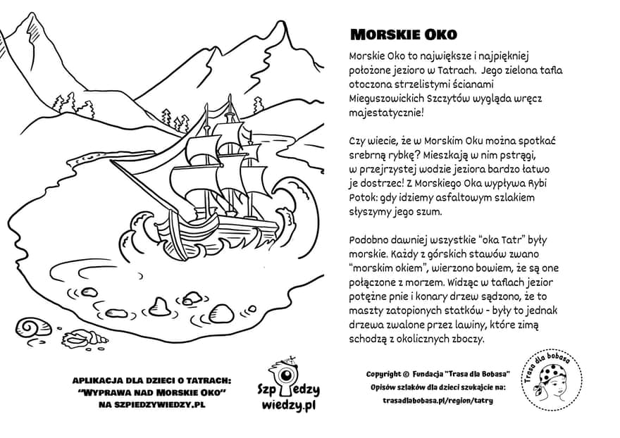 Morskie Oko, Tatry - kolorowanka dla dzieci do wydruku; ilustracja: Liudmyla Naumchuk