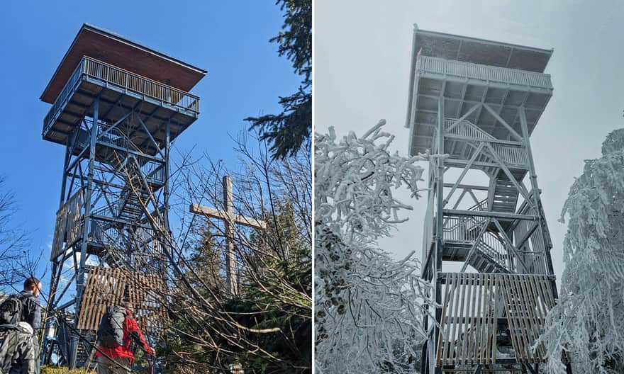 Wieża widokowa na Mogielicy latem i zimą. (zdjęcie po prawej fot. Justyna Pałosz)