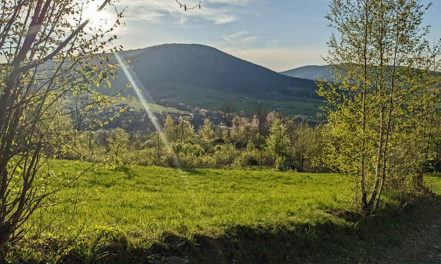 Widok z pierwszego odcinka niebieskiego szlaku Jurków - Mogielica na sąsiednie "wyspy": Ćwilin i Śnieżnicę