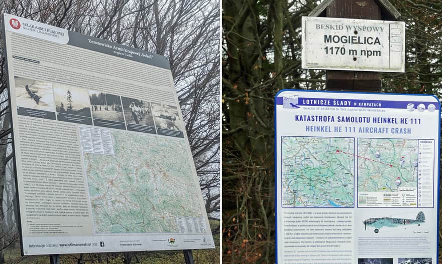Plansze historyczne w Beskidzie Wyspowym: Ćwilin (zrzutowisko AK Sokół) oraz Mogielica (miejsce katastrofy samolotu Heinkel)