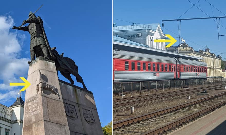 Wilki w Wilnie: na cokole pomnika Księcia Giedymina i na kamienicy obok dworca kolejowego