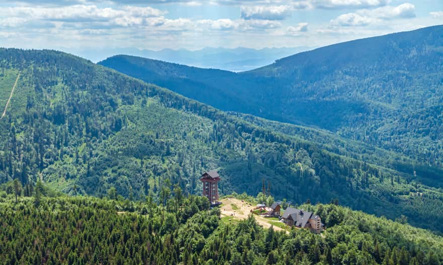 Mosorny Groń: observation tower, upper cable car station, and restaurant. Photo: PKL