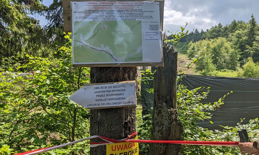Closure of the trail on Jaworzyna Krynicka - detour to the shelter