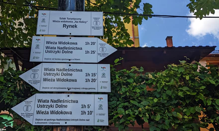 Rynek w Ustrzykach Dolnych - ścieżki na wieżę widokową na Holicy