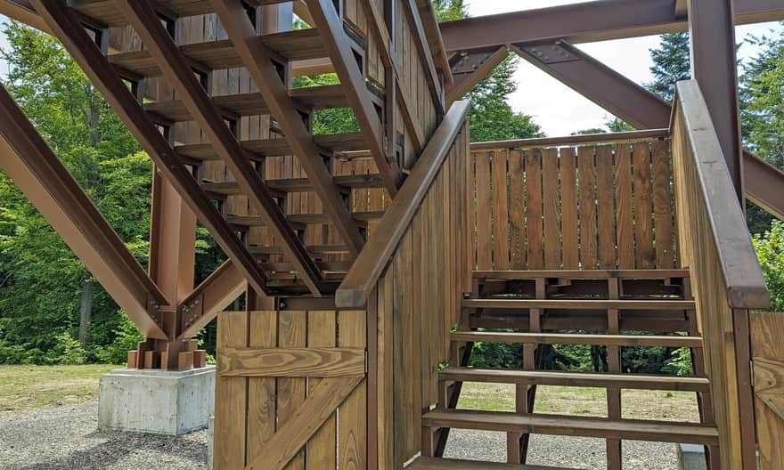 Comfortable, wide wooden stairs to the observation tower on Holiczka