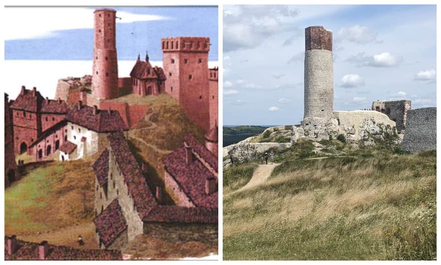 Po lewej - wizja zamku z XVIw. J. Gumowskiego z 1935 r., źródło: I.T. KACZYŃSCY ZAMKI W POLSCE POŁUDNIOWEJ