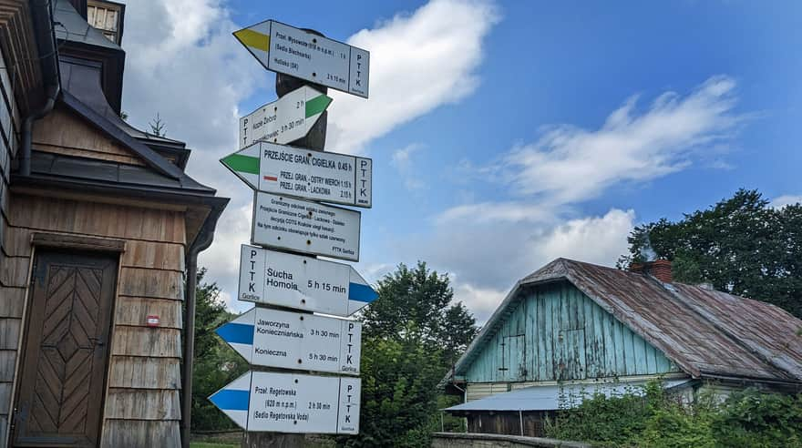 Crossroads of trails under the church of St. Michael the Archangel in Wysowa Zdrój