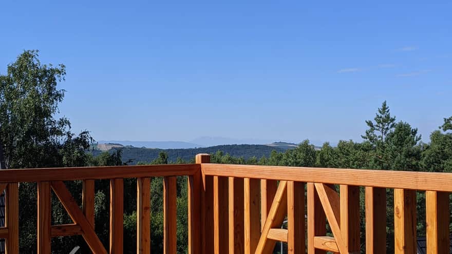 View of the Tatra Mountains from the lodge terrace during breakfast