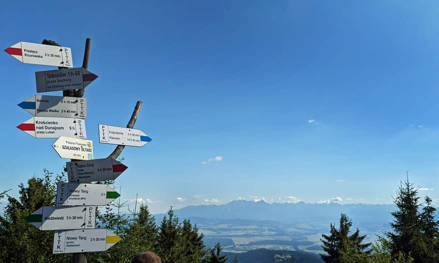 Turbacz: trail intersection and view of the Tatra Mountains