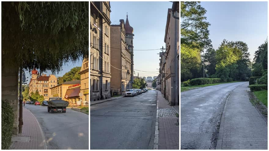 Yellow trail to Kłodzka Góra - city section, mostly narrow sidewalk