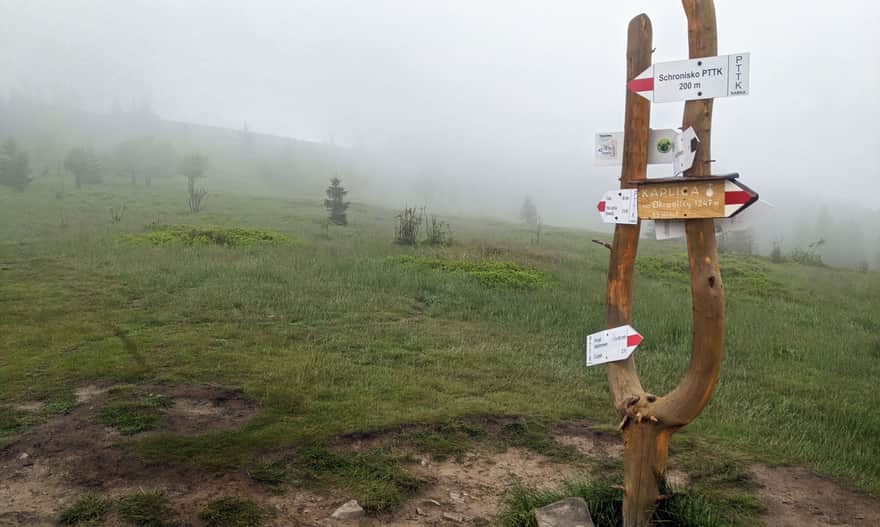Przełęcz Kucałowa - skrzyżowanie szlaków na grzbiecie Pasma Polic. tym razem panoramy zakryła mgła.