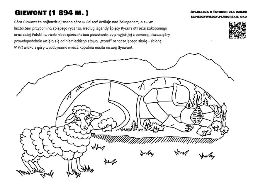 Giewont - sleeping knight, coloring page for children