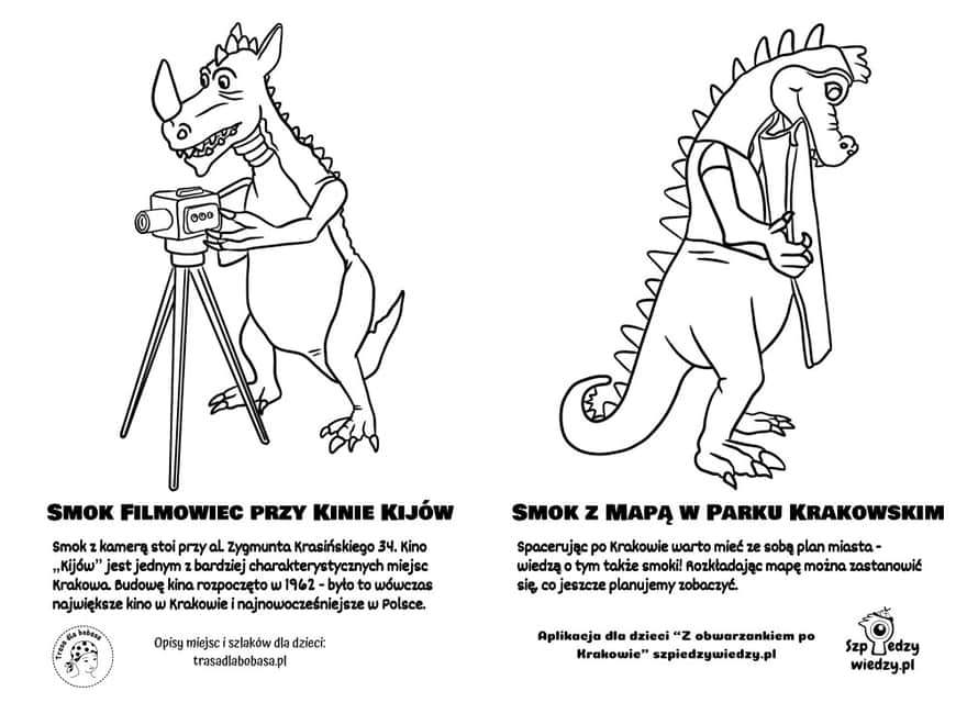 Smok Filmowiec i Smok z mapą - kolorowanka do pobrania i wydruku