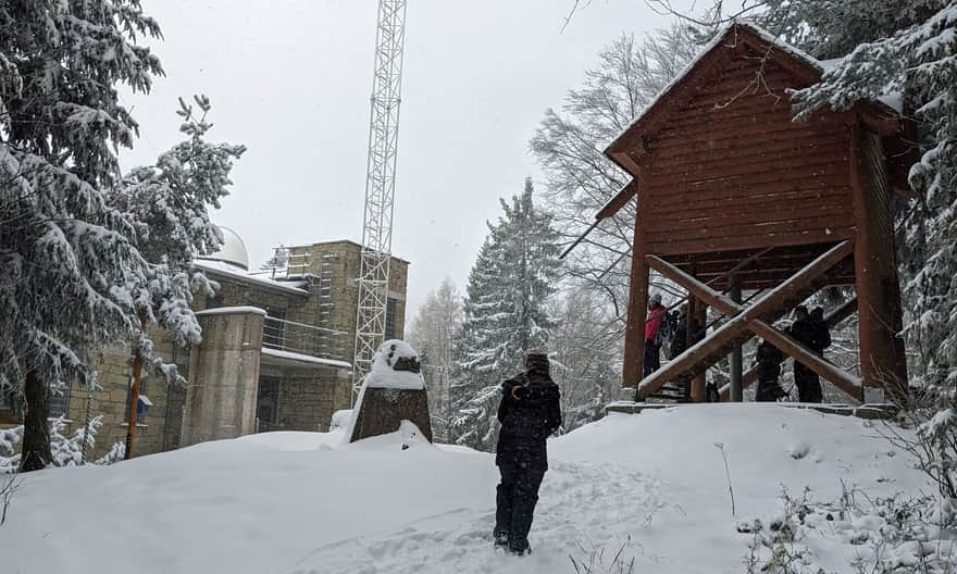 Lubomir, 904 m above sea level - summit, astronomical observatory. In the foreground, ruins and a reconstruction of the pre-war astronomical station