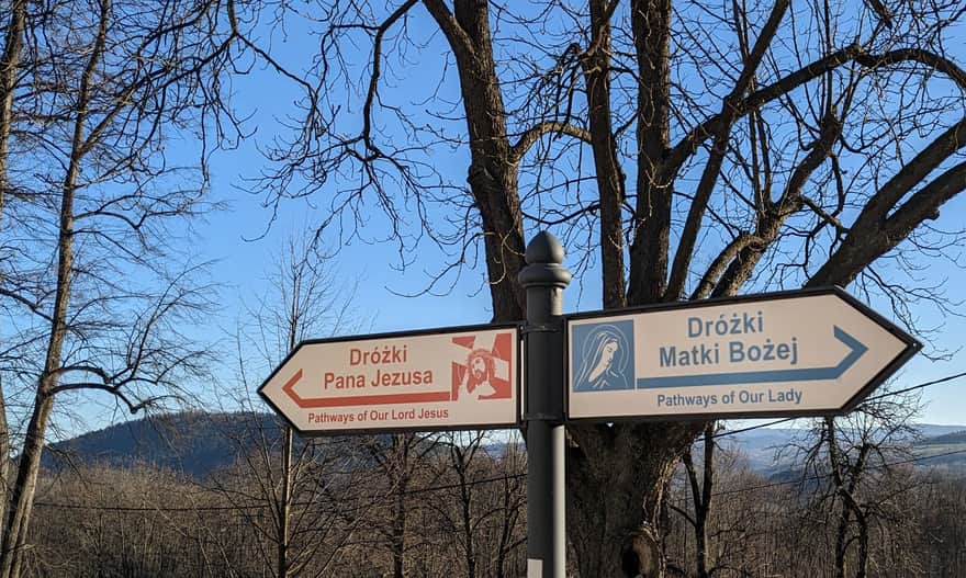 Paths of Jesus or Paths of the Virgin Mary - signposts at the Bernardine Monastery in Kalwaria Zebrzydowska