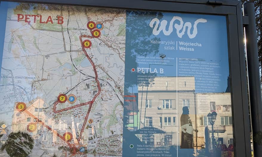 Calvary trail of Wojciech Weiss - information board in the Market Square in Kalwaria Zebrzydowska