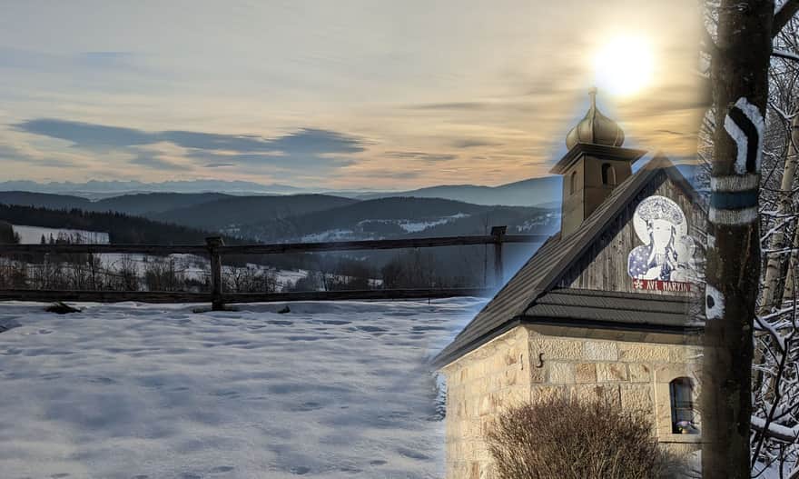 Widok z Parszywki, kapliczka z Koskowej Góry i nowy czarny szlak z Bogdanówki, który pozwoli połączyć trasę przez te dwa szczyty w pętlę!
