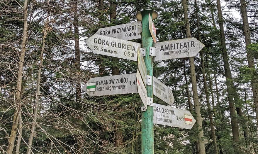 Zielony szlak Iwonicz-Zdrój - Rymanów-Zdrój. Kierunkowskaz przy wejściu do lasu.