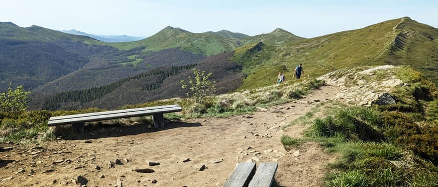 Czerwony szlak Wołosate - Tarnica. Widok z Rozsypańca na siodło pod Tarnicą, Połoninę Caryńską (na dalszym planie), Krzemień, Bukowe Berdo, Kopę Bukowską i Halicz