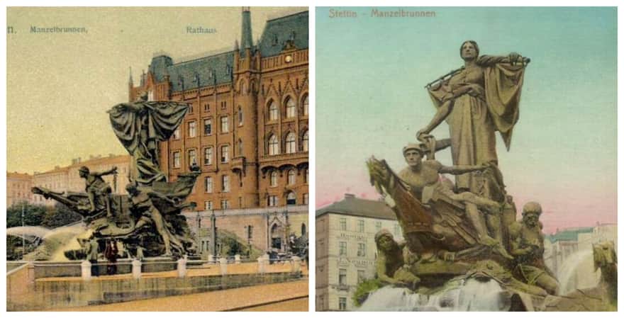 Fontanna z Sediną na dawnych, niemieckich pocztówkach ze Szczecina