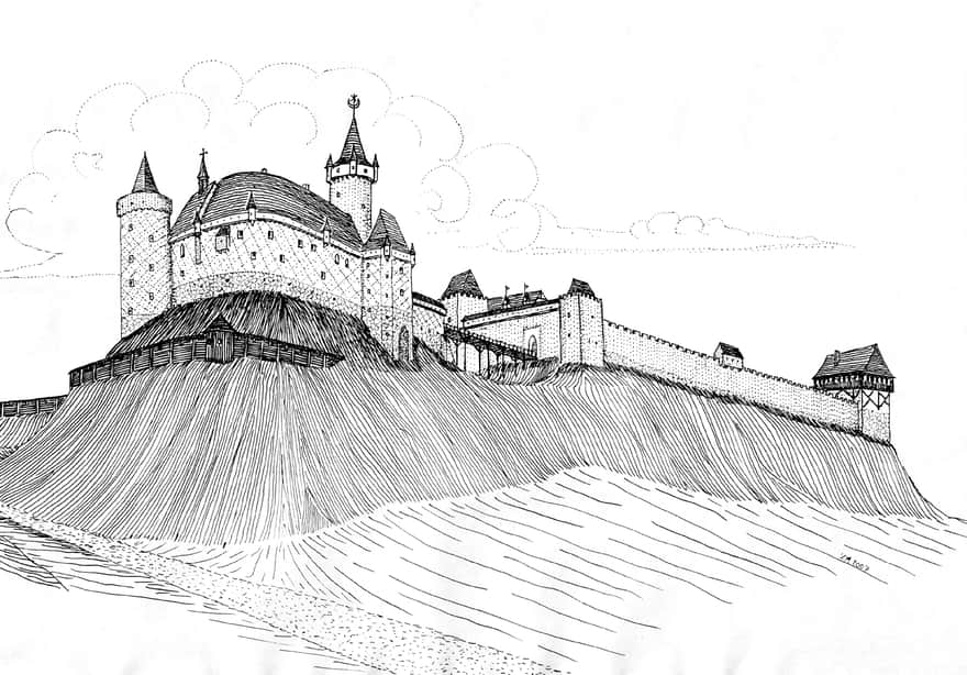 Zamek tarnowski w 2. poł. XV w. (rys. K. Moskal) (Wikipedia)