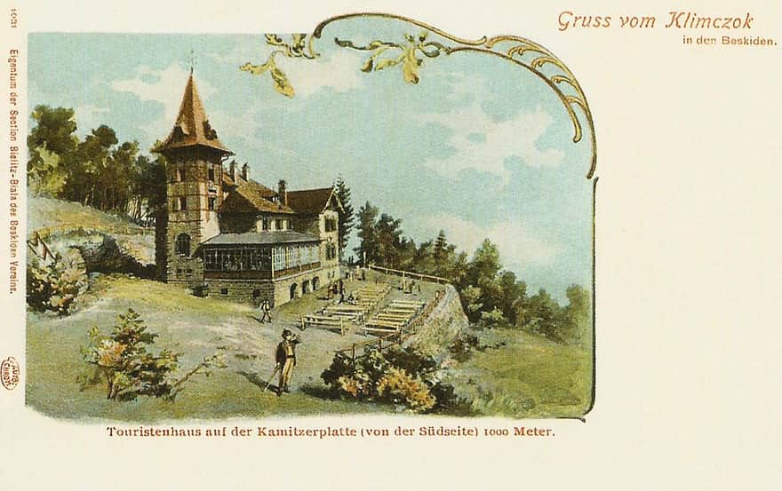 Shelter on Szyndzielnia - postcard from Beskidenverein in 1902. Public domain, https://commons.wikimedia.org/w/index.php?curid=1809780