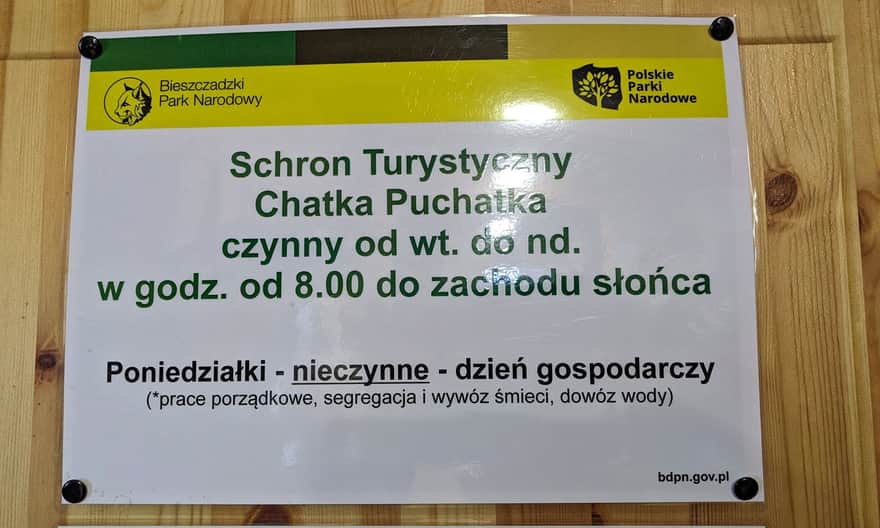 Dni i godziny otwarcia Schronu Turystycznego Chatka Puchatka