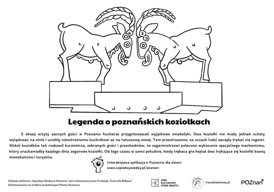 Poznańskie koziołki - legenda i kolorowanka dla dzieci do wydruku