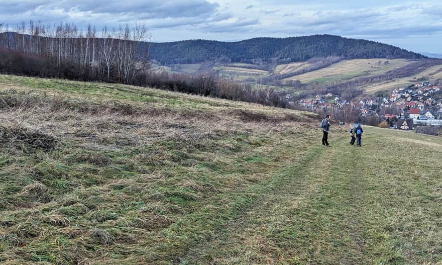 Zejście polnymi drogami z Plebańskiej Góry do Myślenic