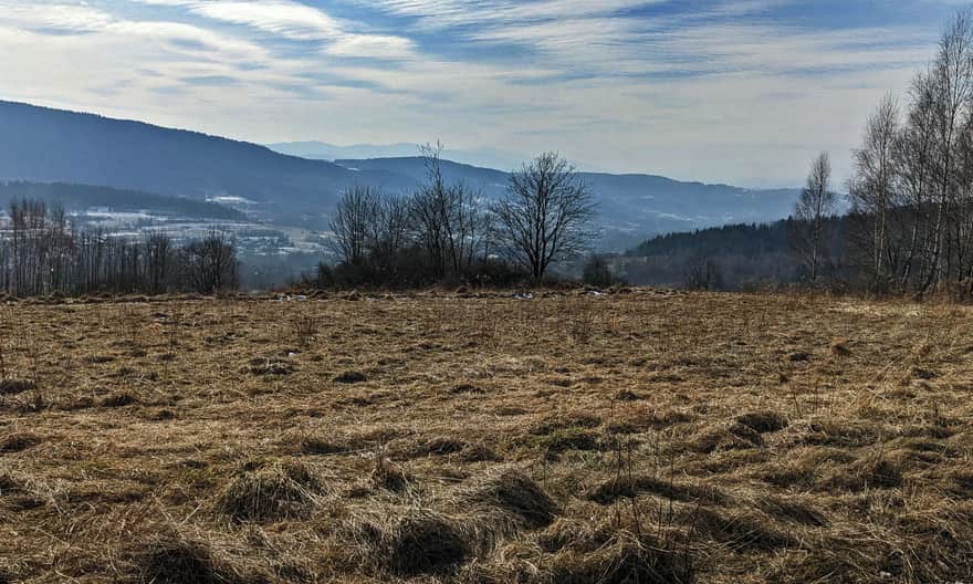 Widok z grzbietu Babicy na południowy- zachód: w ostatnim planie widoczne Pasmo Polic
