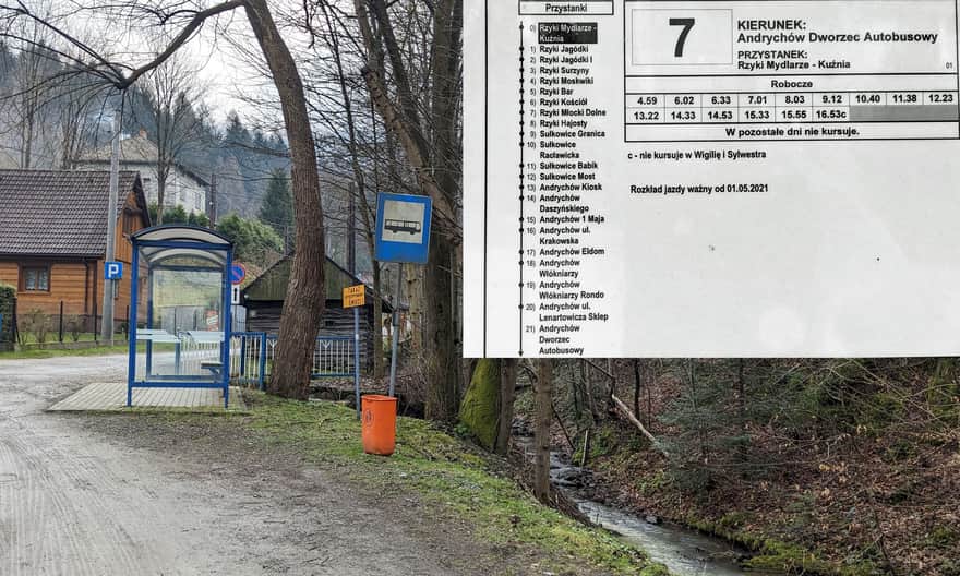 Dojazd autobusem do Szlaku Białych Serc i czarnego szlaku na Leskowiec, Rzyki Mydlarze. Kwiecień 2025 r.
