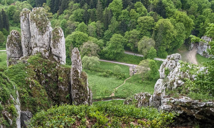 The "glove" rock, Love Spring, and Krakow Gate seen from the viewpoint above the entrance to Ciemna Cave
