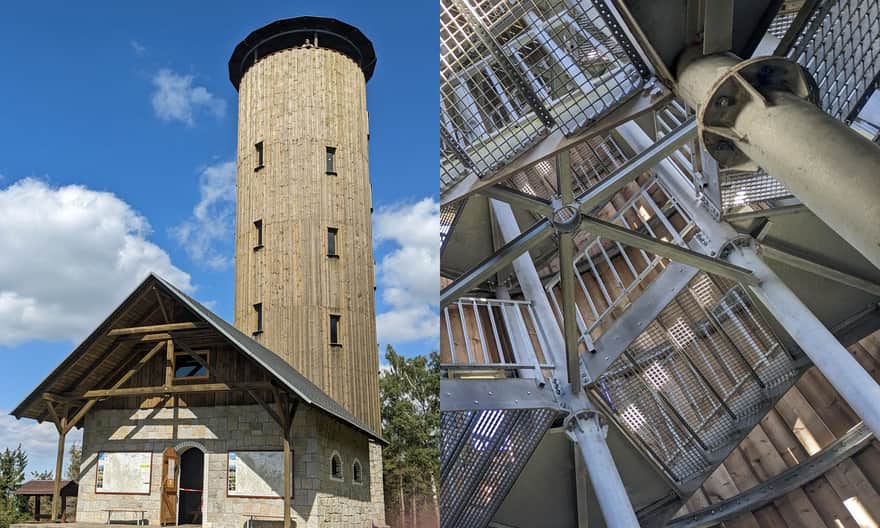 Borówkowa Góra - stalowa konstrukcja wewnątrz drewnianej wieży widokowej
