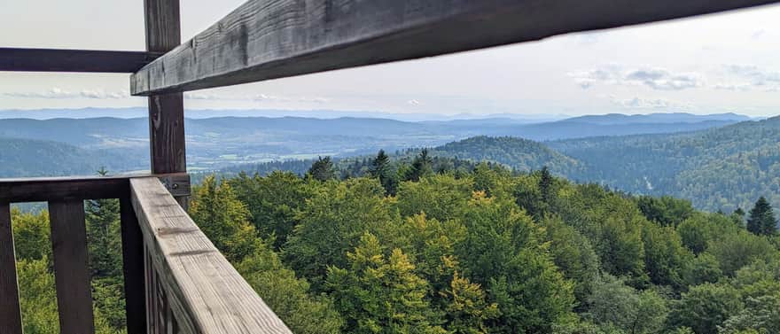 Widok z wieży w Mucznem na dolinę górnego Sanu, Beskidy Skolskie i Bieszczady Wschodnie (Ukraina)