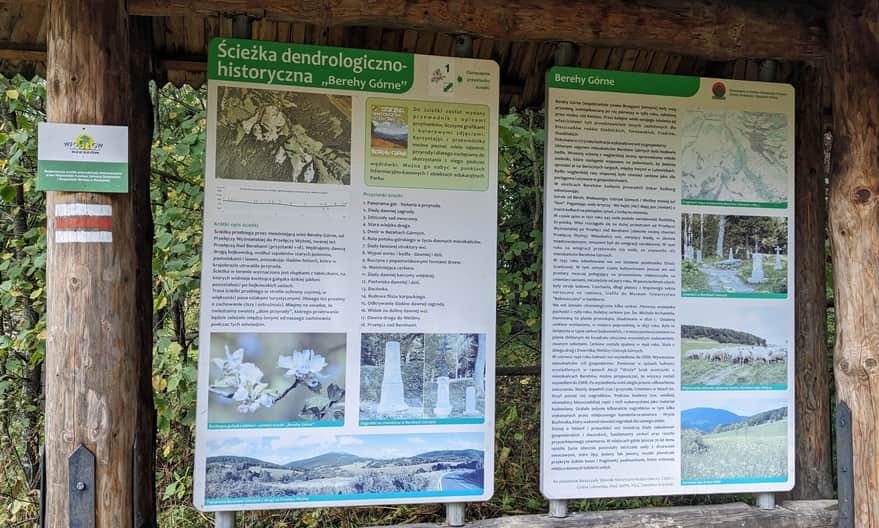 Czerwony szlak z Brzegów Górnych na Połoninę Caryńską - tablica informacyjna o dawnej wsi Berehy Górne